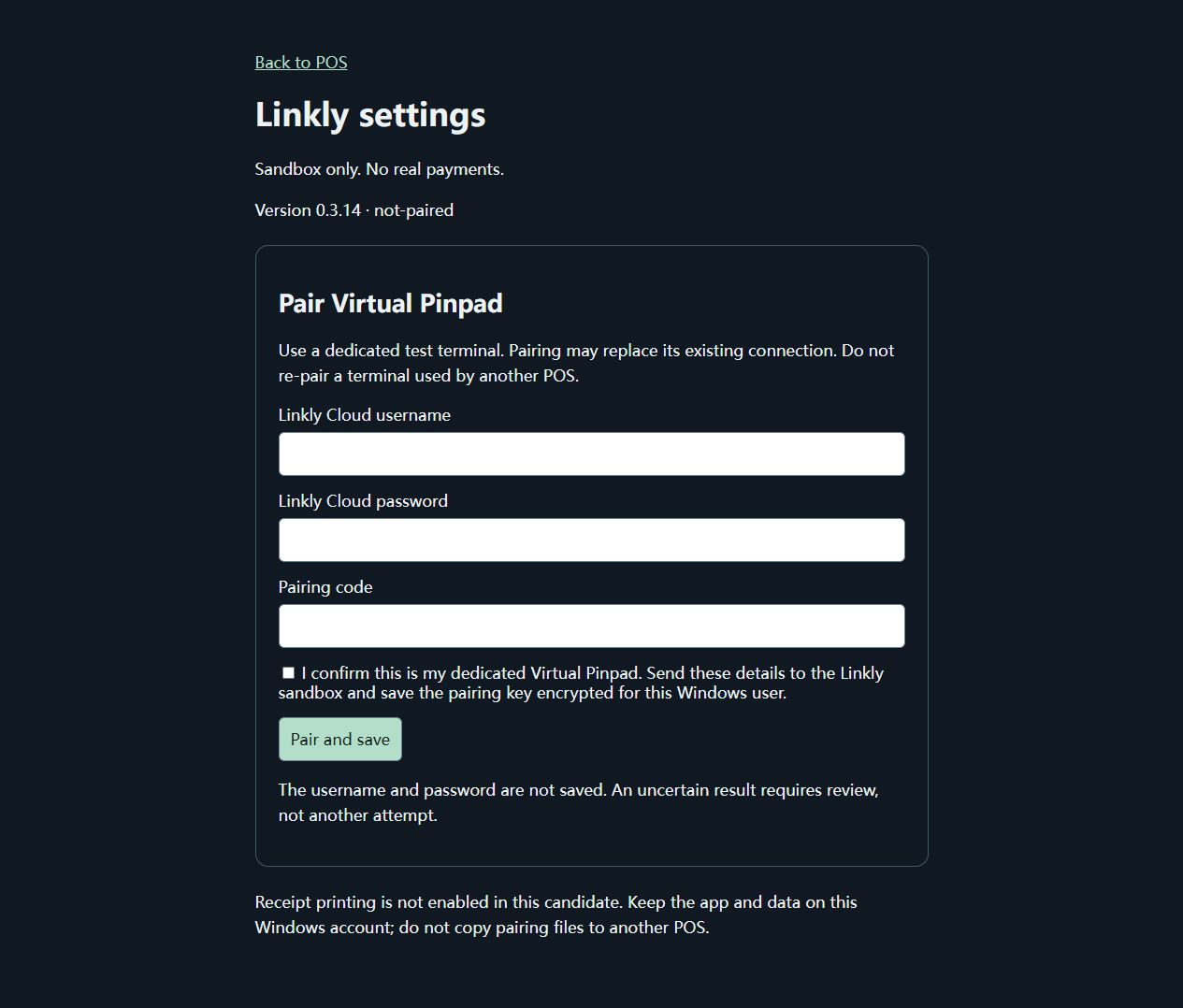 U9 CITY POS 0.3.14 Linkly settings with empty username, password and pairing code fields